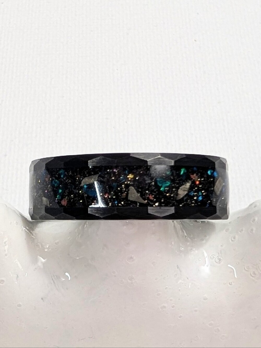 Men's Hammered Black Tungsten Galaxy Opal Meteorite Band Size 14